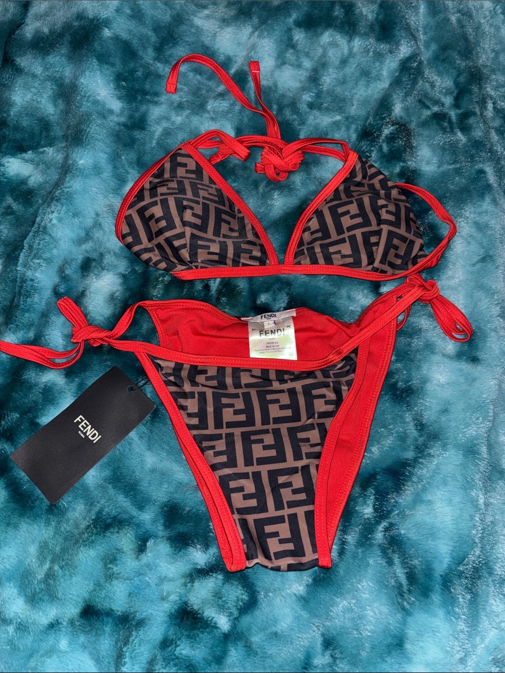 Fendi Brown FF Logo Bikini with Red Trim
